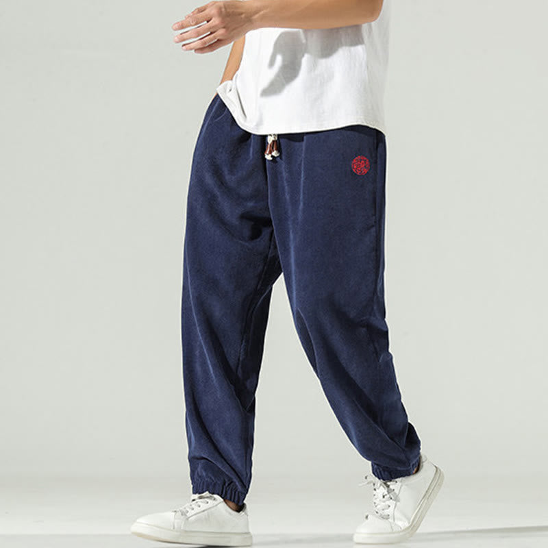 Pantaloni harem da uomo in velluto a coste con ricamo Buddha Stones Fall Plain con tasche - image 0
