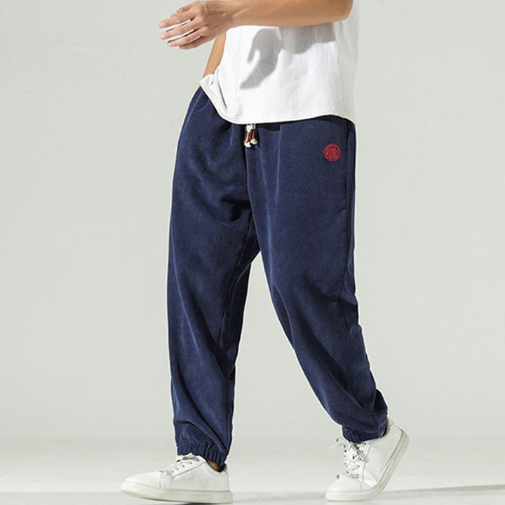 Pantaloni harem da uomo in velluto a coste con ricamo Buddha Stones Fall Plain con tasche - image 0