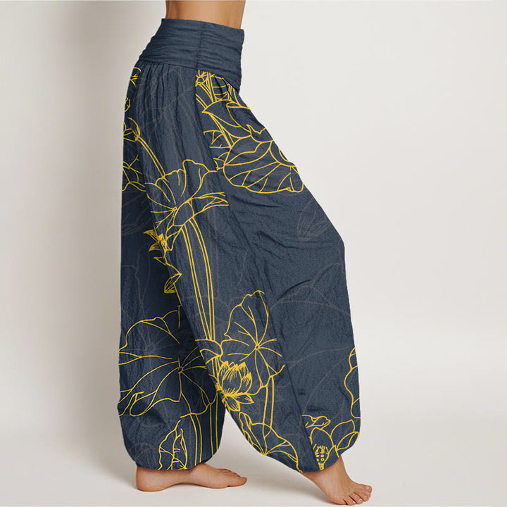 Pantaloni harem da donna con elastico in vita, in puro cotone, con motivo a boccioli di fiori di loto e foglie di baccello , Buddha Stones - image 7