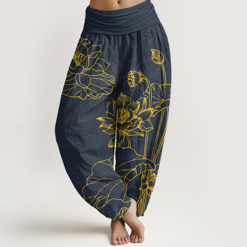 Pantaloni harem da donna con elastico in vita, in puro cotone, con motivo a boccioli di fiori di loto e foglie di baccello , Buddha Stones - DarkSlateBlue - US16, UK/AU20, EU48 (3XL) - image 5