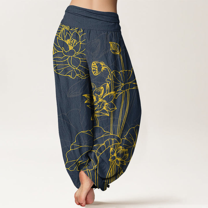 Pantaloni harem da donna con elastico in vita, in puro cotone, con motivo a boccioli di fiori di loto e foglie di baccello , Buddha Stones - image 6