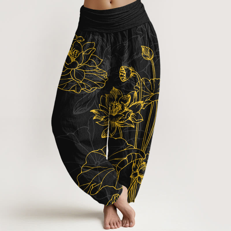 Pantaloni harem da donna con elastico in vita, in puro cotone, con motivo a boccioli di fiori di loto e foglie di baccello , Buddha Stones - Nero - US16, UK/AU20, EU48 (3XL) - image 8