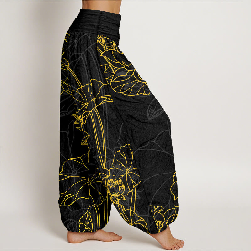 Pantaloni harem da donna con elastico in vita, in puro cotone, con motivo a boccioli di fiori di loto e foglie di baccello , Buddha Stones - image 10