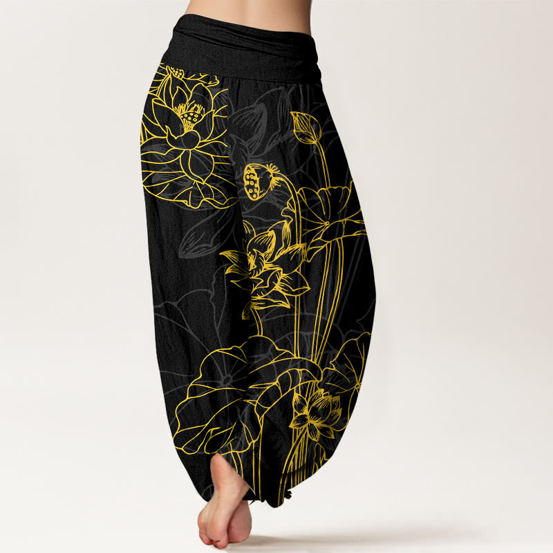 Pantaloni harem da donna con elastico in vita, in puro cotone, con motivo a boccioli di fiori di loto e foglie di baccello , Buddha Stones - image 9