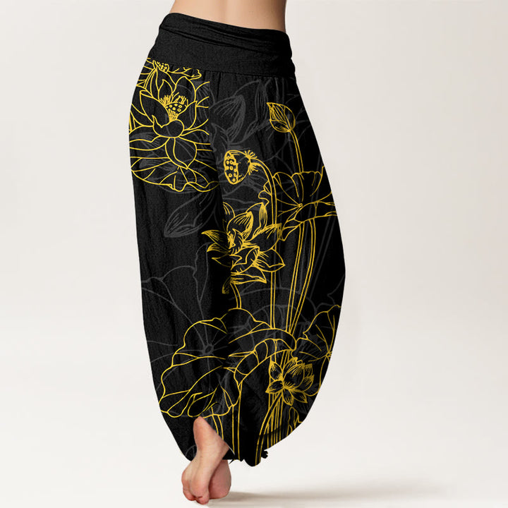 Pantaloni harem da donna con elastico in vita, in puro cotone, con motivo a boccioli di fiori di loto e foglie di baccello , Buddha Stones - image 9