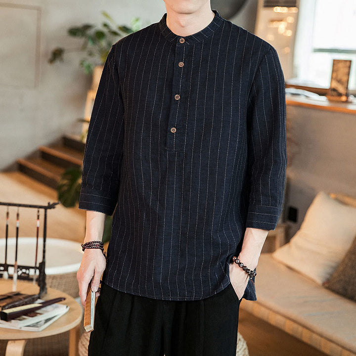 Camicia da uomo in cotone con colletto rialzato, maniche a tre quarti, motivo a quadri Buddha Stones - SteelBlue - US/UK/AU46, EU56 (5XL) - image 0