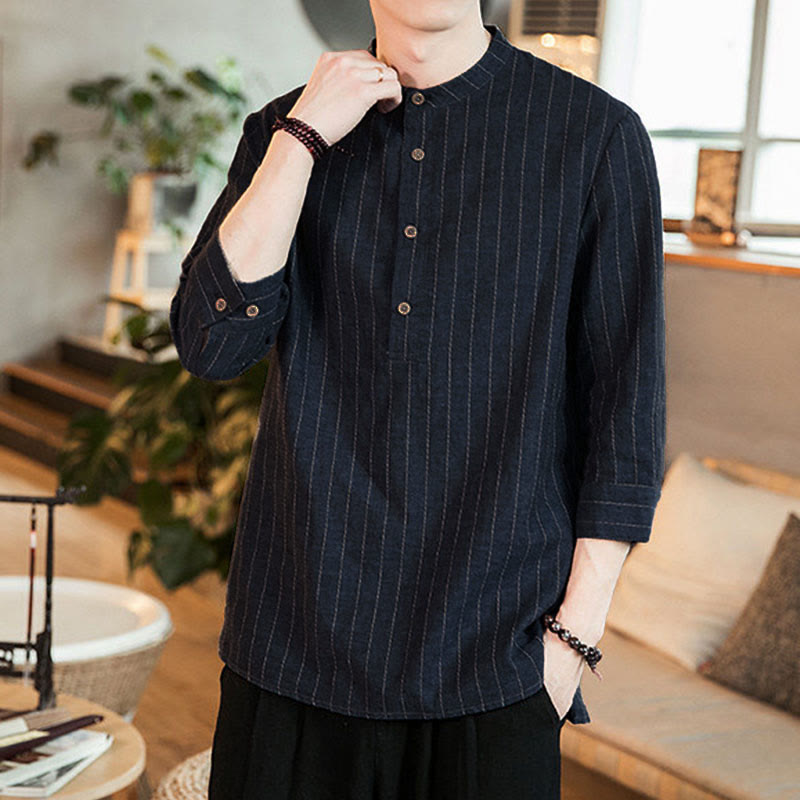 Camicia da uomo in cotone con colletto rialzato, maniche a tre quarti, motivo a quadri Buddha Stones - image 2