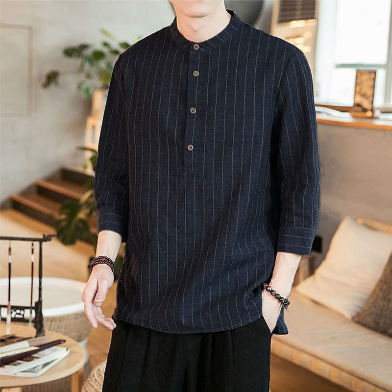 Camicia da uomo in cotone con colletto rialzato, maniche a tre quarti, motivo a quadri Buddha Stones - image 1