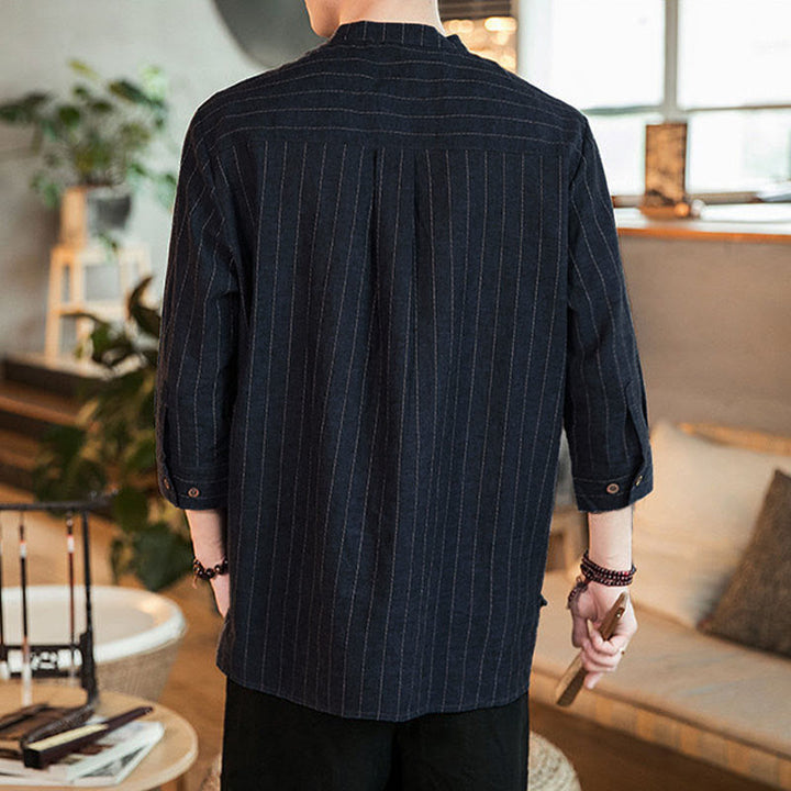 Camicia da uomo in cotone con colletto rialzato, maniche a tre quarti, motivo a quadri Buddha Stones - image 3