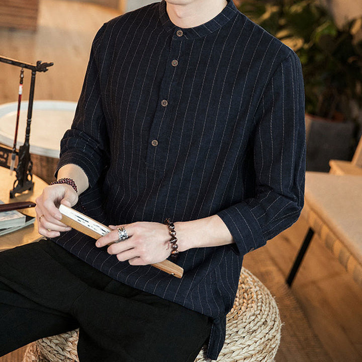 Camicia da uomo in cotone con colletto rialzato, maniche a tre quarti, motivo a quadri Buddha Stones - image 7