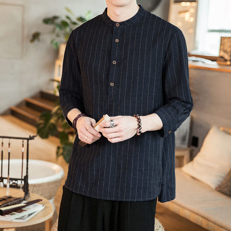 Camicia da uomo in cotone con colletto rialzato, maniche a tre quarti, motivo a quadri Buddha Stones - image 4