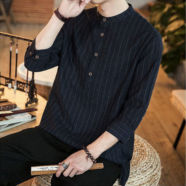 Camicia da uomo in cotone con colletto rialzato, maniche a tre quarti, motivo a quadri Buddha Stones - image 8