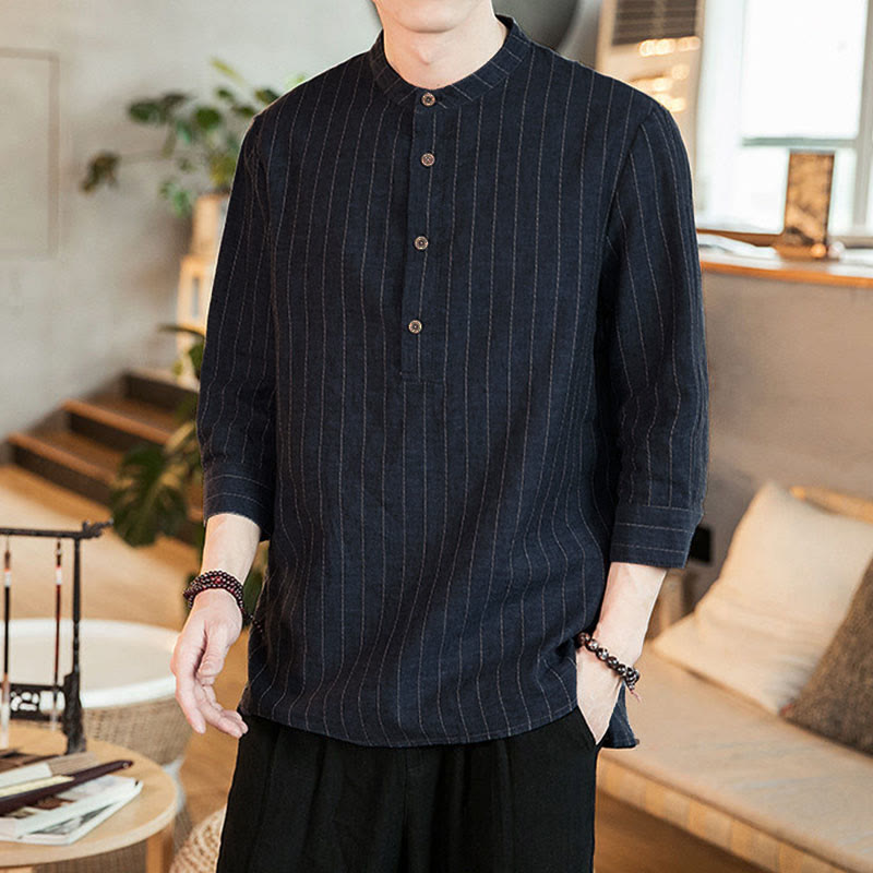 Camicia da uomo in cotone con colletto rialzato, maniche a tre quarti, motivo a quadri Buddha Stones - image 6