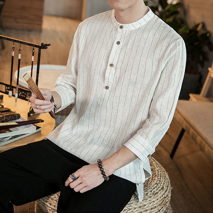 Camicia da uomo in cotone con colletto rialzato, maniche a tre quarti, motivo a quadri Buddha Stones - image 16