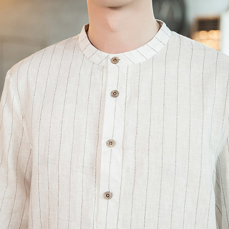 Camicia da uomo in cotone con colletto rialzato, maniche a tre quarti, motivo a quadri Buddha Stones - image 18