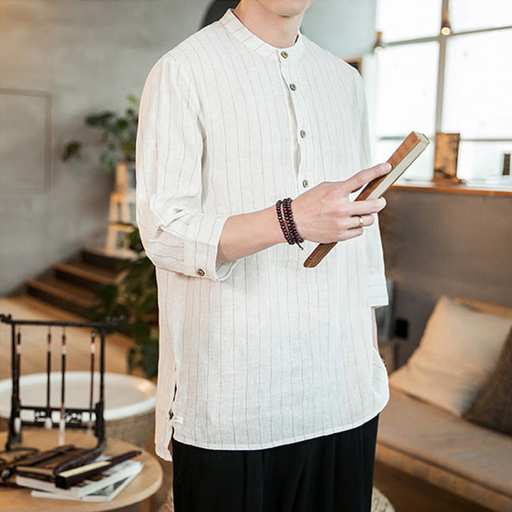 Camicia da uomo in cotone con colletto rialzato, maniche a tre quarti, motivo a quadri Buddha Stones - image 13