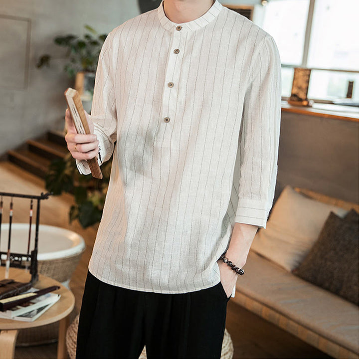 Camicia da uomo in cotone con colletto rialzato, maniche a tre quarti, motivo a quadri Buddha Stones - image 15