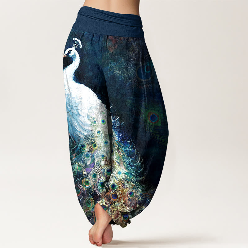 Pantaloni harem da donna con elastico in vita e motivo a pavone in puro cotone Buddha Stones - image 1