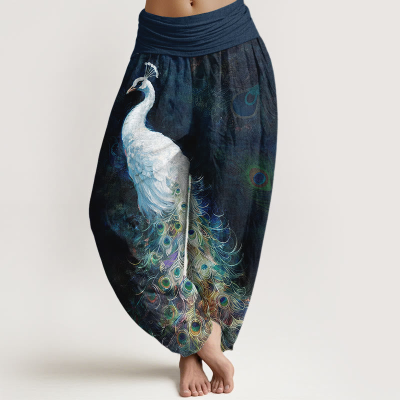 Pantaloni harem da donna con elastico in vita e motivo a pavone in puro cotone Buddha Stones - Blu notte - US16, UK/AU20, EU48 (3XL) - image 0