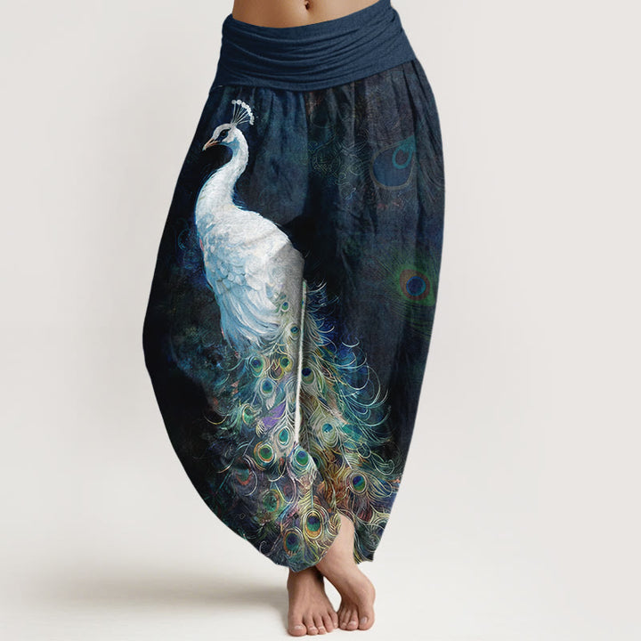 Pantaloni harem da donna con elastico in vita e motivo a pavone in puro cotone Buddha Stones - Blu notte - US16, UK/AU20, EU48 (3XL) - image 0
