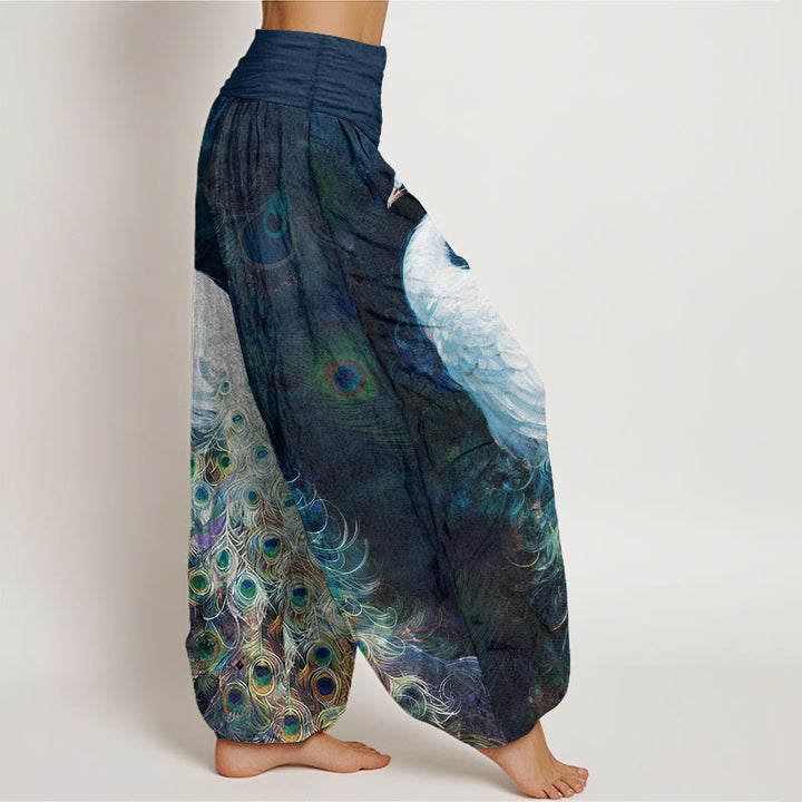 Pantaloni harem da donna con elastico in vita e motivo a pavone in puro cotone Buddha Stones - image 2