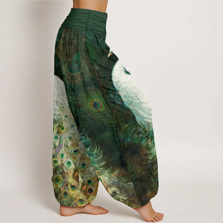 Pantaloni harem da donna con elastico in vita e motivo a pavone in puro cotone Buddha Stones - image 7
