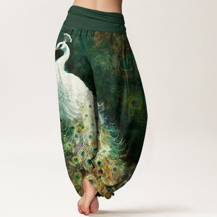 Pantaloni harem da donna con elastico in vita e motivo a pavone in puro cotone Buddha Stones - image 6