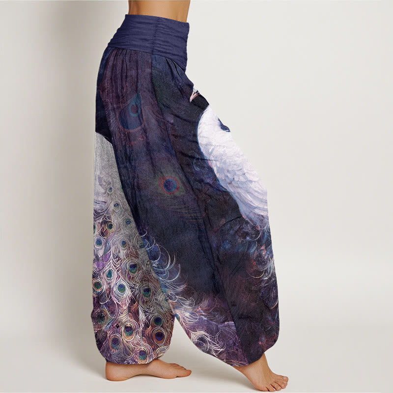 Pantaloni harem da donna con elastico in vita e motivo a pavone in puro cotone Buddha Stones - image 10