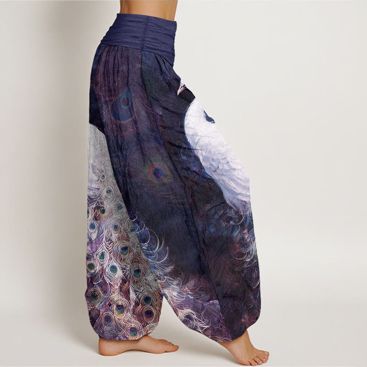 Pantaloni harem da donna con elastico in vita e motivo a pavone in puro cotone Buddha Stones - image 10