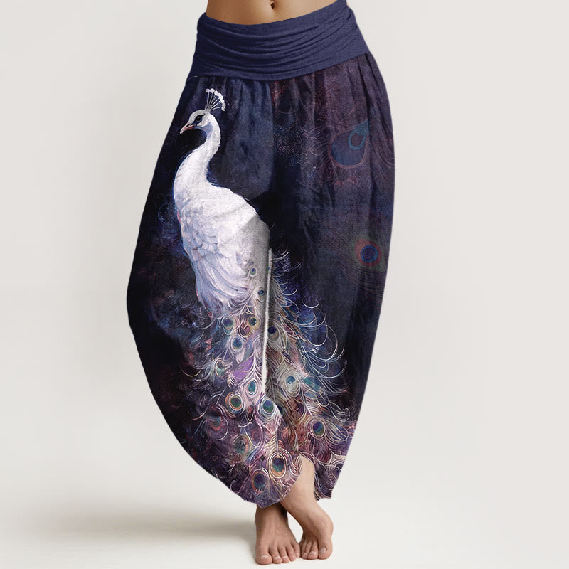Pantaloni harem da donna con elastico in vita e motivo a pavone in puro cotone Buddha Stones - Indaco - US16, UK/AU20, EU48 (3XL) - image 8