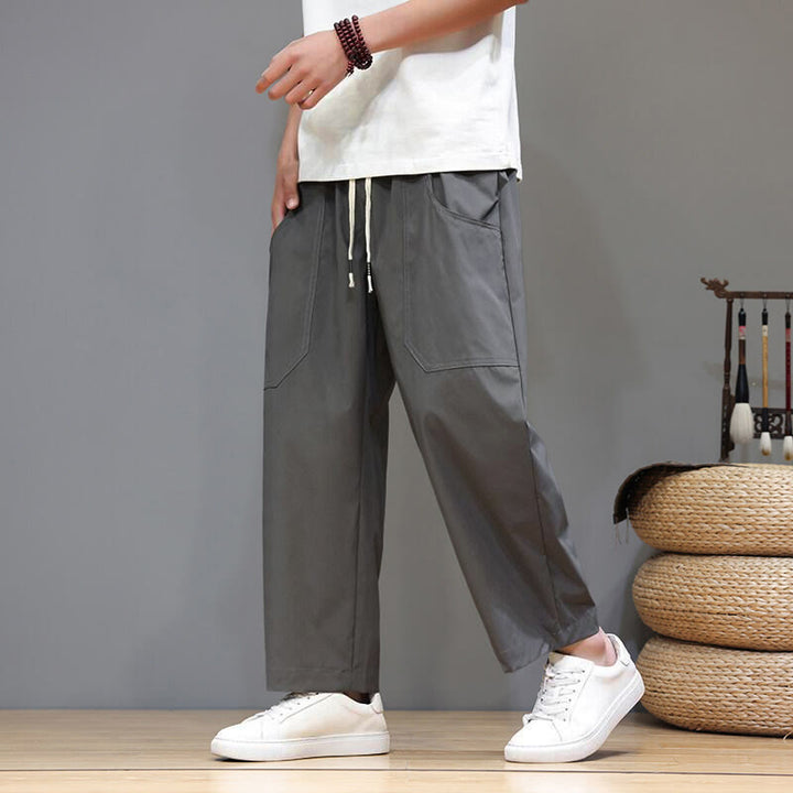 Pantaloni da uomo con tasche, lunghezza 7-8, gamba dritta, tinta unita, coulisse, estate , Buddha Stones - Grigio - US/UK/AU46, EU56 (5XL) - image 8