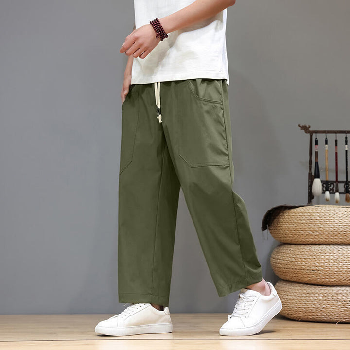 Pantaloni da uomo con tasche, lunghezza 7-8, gamba dritta, tinta unita, coulisse, estate , Buddha Stones - Verde oliva - US/UK/AU46, EU56 (5XL) - image 0