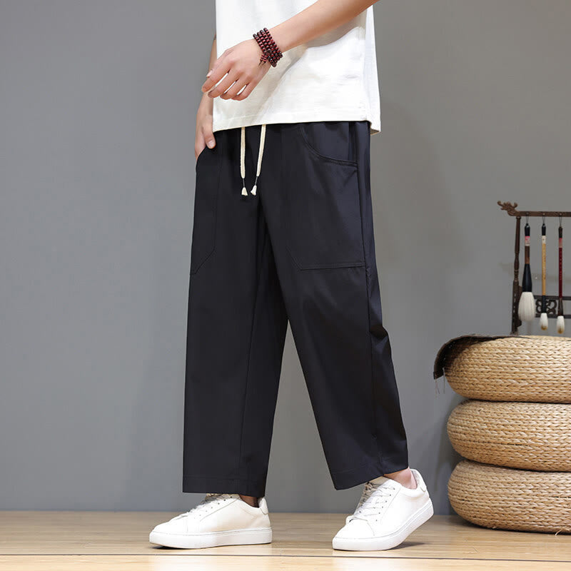 Pantaloni da uomo con tasche, lunghezza 7-8, gamba dritta, tinta unita, coulisse, estate , Buddha Stones - Nero - US/UK/AU46, EU56 (5XL) - image 16