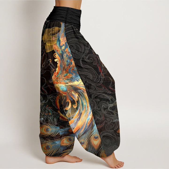 Pantaloni harem da donna con elastico in vita, in puro cotone, con motivo a fenice volante e nuvole, motivo Buddha Stones - image 2