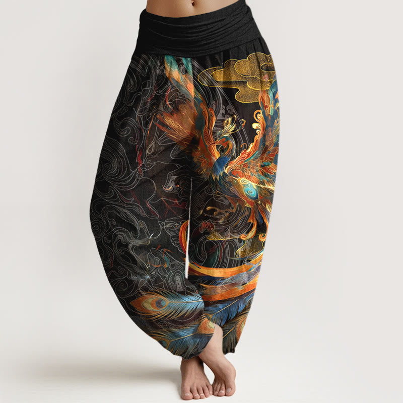 Pantaloni harem da donna con elastico in vita, in puro cotone, con motivo a fenice volante e nuvole, motivo Buddha Stones - Nero - US16, UK/AU20, EU48 (3XL) - image 0