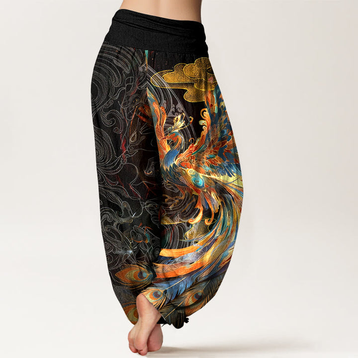 Pantaloni harem da donna con elastico in vita, in puro cotone, con motivo a fenice volante e nuvole, motivo Buddha Stones - image 1