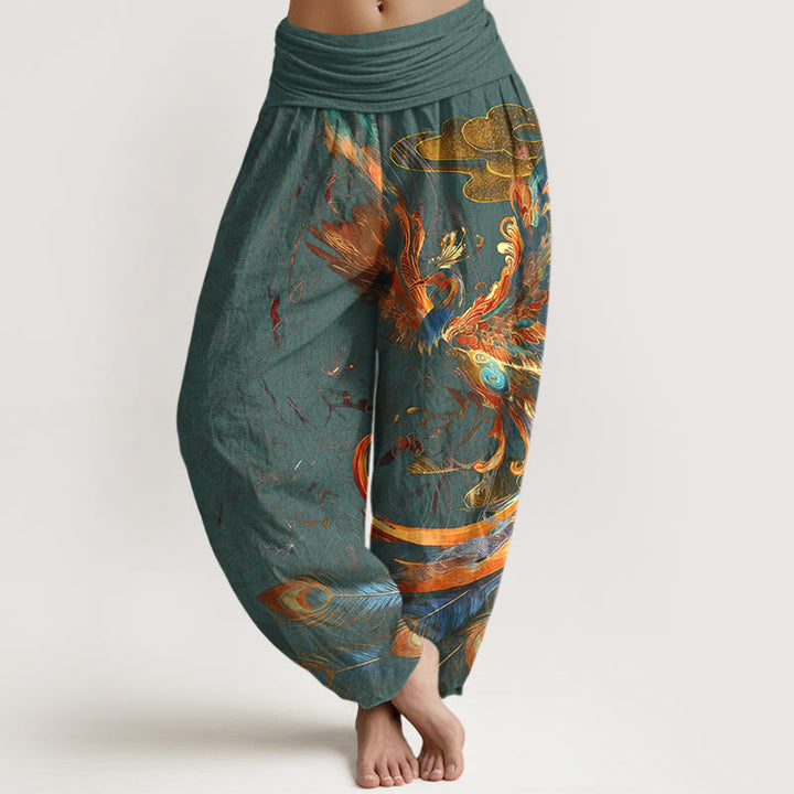 Pantaloni harem da donna con elastico in vita, in puro cotone, con motivo a fenice volante e nuvole, motivo Buddha Stones - CadetBlue - US16, UK/AU20, EU48 (3XL) - image 5