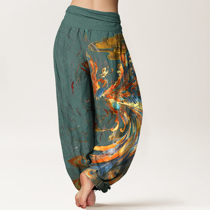 Pantaloni harem da donna con elastico in vita, in puro cotone, con motivo a fenice volante e nuvole, motivo Buddha Stones - image 6