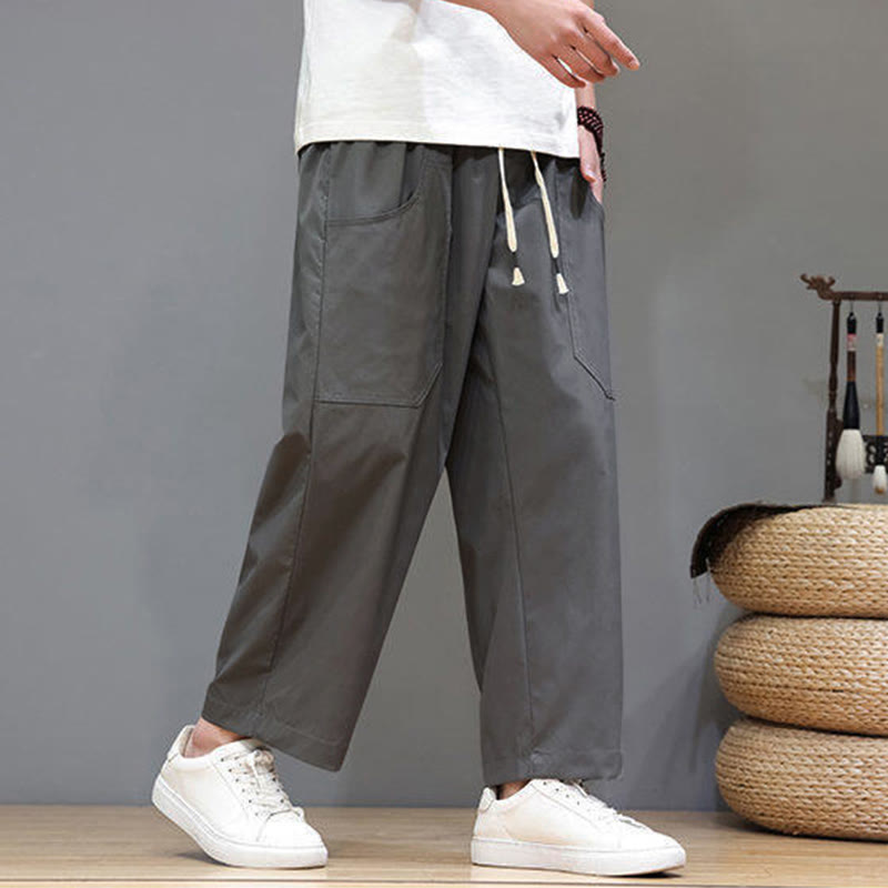 Pantaloni da uomo con tasche, lunghezza 7-8, gamba dritta, tinta unita, coulisse, estate , Buddha Stones - image 10