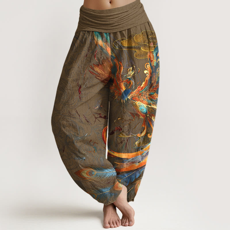 Pantaloni harem da donna con elastico in vita, in puro cotone, con motivo a fenice volante e nuvole, motivo Buddha Stones - Perù - US16, UK/AU20, EU48 (3XL) - image 8