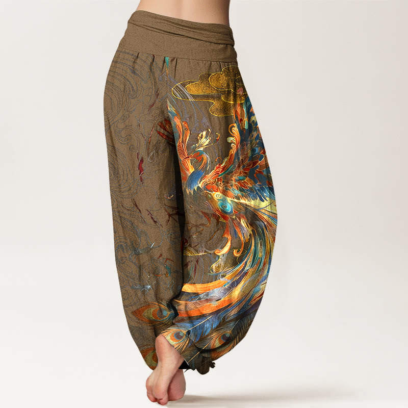 Pantaloni harem da donna con elastico in vita, in puro cotone, con motivo a fenice volante e nuvole, motivo Buddha Stones - image 9