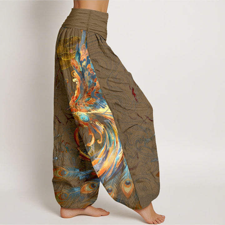 Pantaloni harem da donna con elastico in vita, in puro cotone, con motivo a fenice volante e nuvole, motivo Buddha Stones - image 10