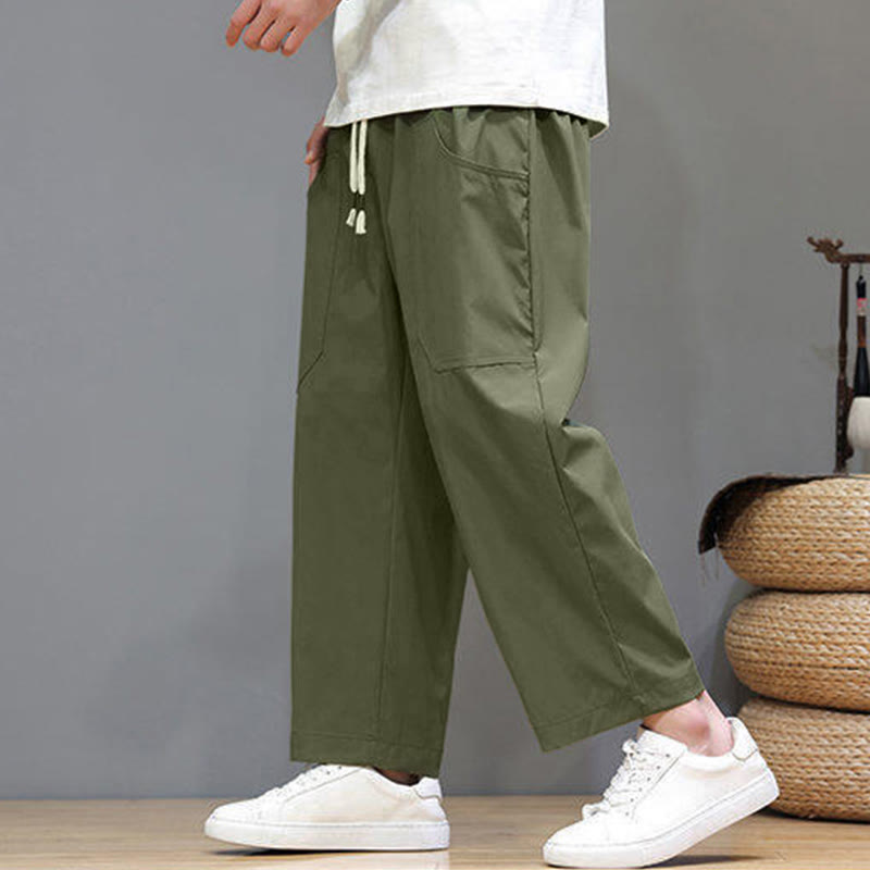 Pantaloni da uomo con tasche, lunghezza 7-8, gamba dritta, tinta unita, coulisse, estate , Buddha Stones - image 5