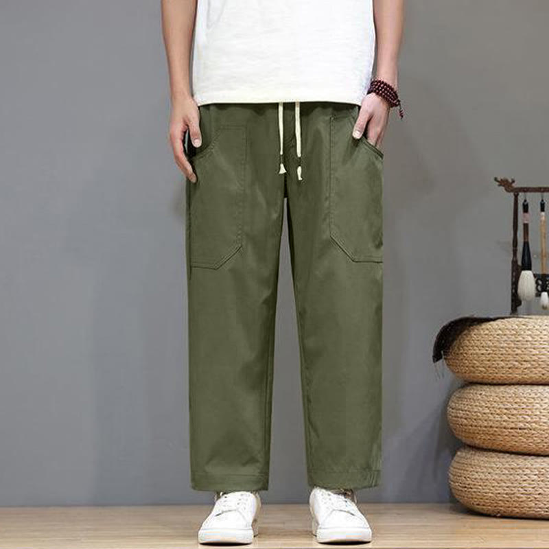 Pantaloni da uomo con tasche, lunghezza 7-8, gamba dritta, tinta unita, coulisse, estate , Buddha Stones - image 1