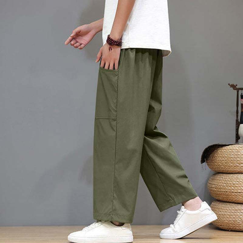 Pantaloni da uomo con tasche, lunghezza 7-8, gamba dritta, tinta unita, coulisse, estate , Buddha Stones - image 4