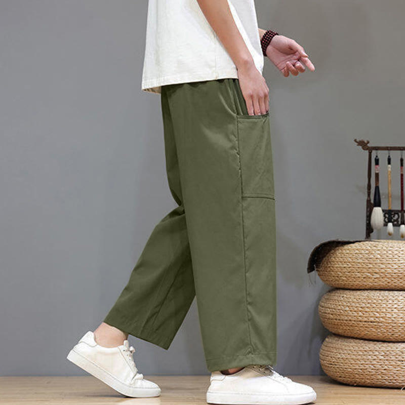 Pantaloni da uomo con tasche, lunghezza 7-8, gamba dritta, tinta unita, coulisse, estate , Buddha Stones - image 3