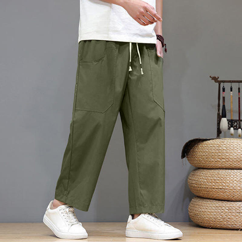 Pantaloni da uomo con tasche, lunghezza 7-8, gamba dritta, tinta unita, coulisse, estate , Buddha Stones - image 2