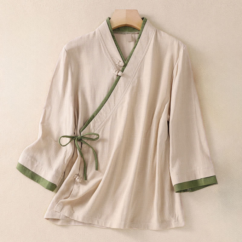 Camicia da donna in cotone e lino con maniche a tre quarti, motivo retrò con lacci e bottoni a rana, motivo Buddha Stones - PapayaWhip - US8-10, UK/AU12-14, EU40-42 (2XL) - image 1