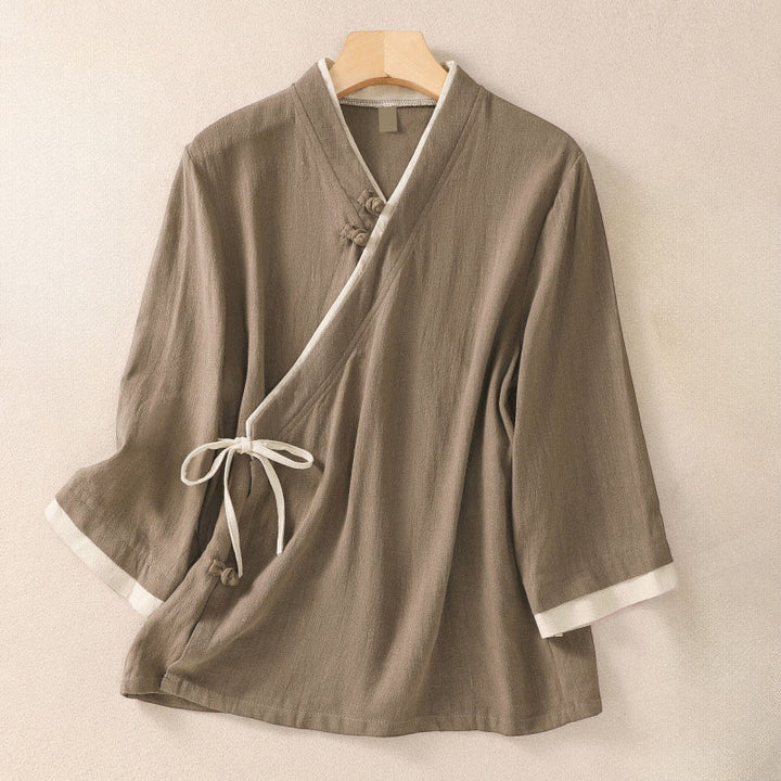 Camicia da donna a maniche a tre quarti con lacci e bottoni a forma di rana, stile retrò, con motivo Buddha Stones. - Tan - US8-10, UK/AU12-14, EU40-42 (2XL) - image 14