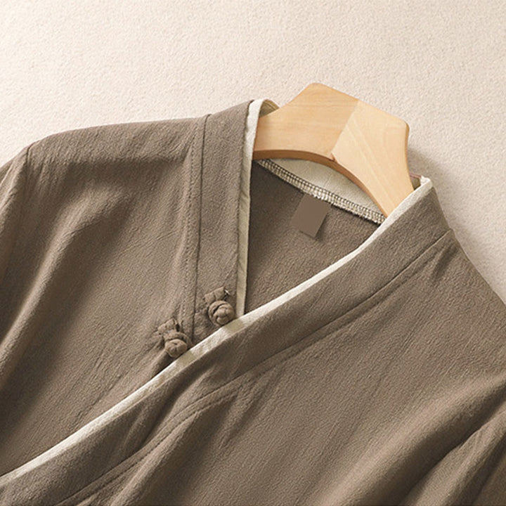 Camicia da donna in cotone e lino con maniche a tre quarti, motivo retrò con lacci e bottoni a rana, motivo Buddha Stones - image 16